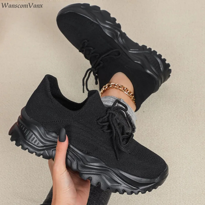 Sepatu Sneakers Platform Chunk - Knit Fabric Lace Up Sneakers ulasan dan harga